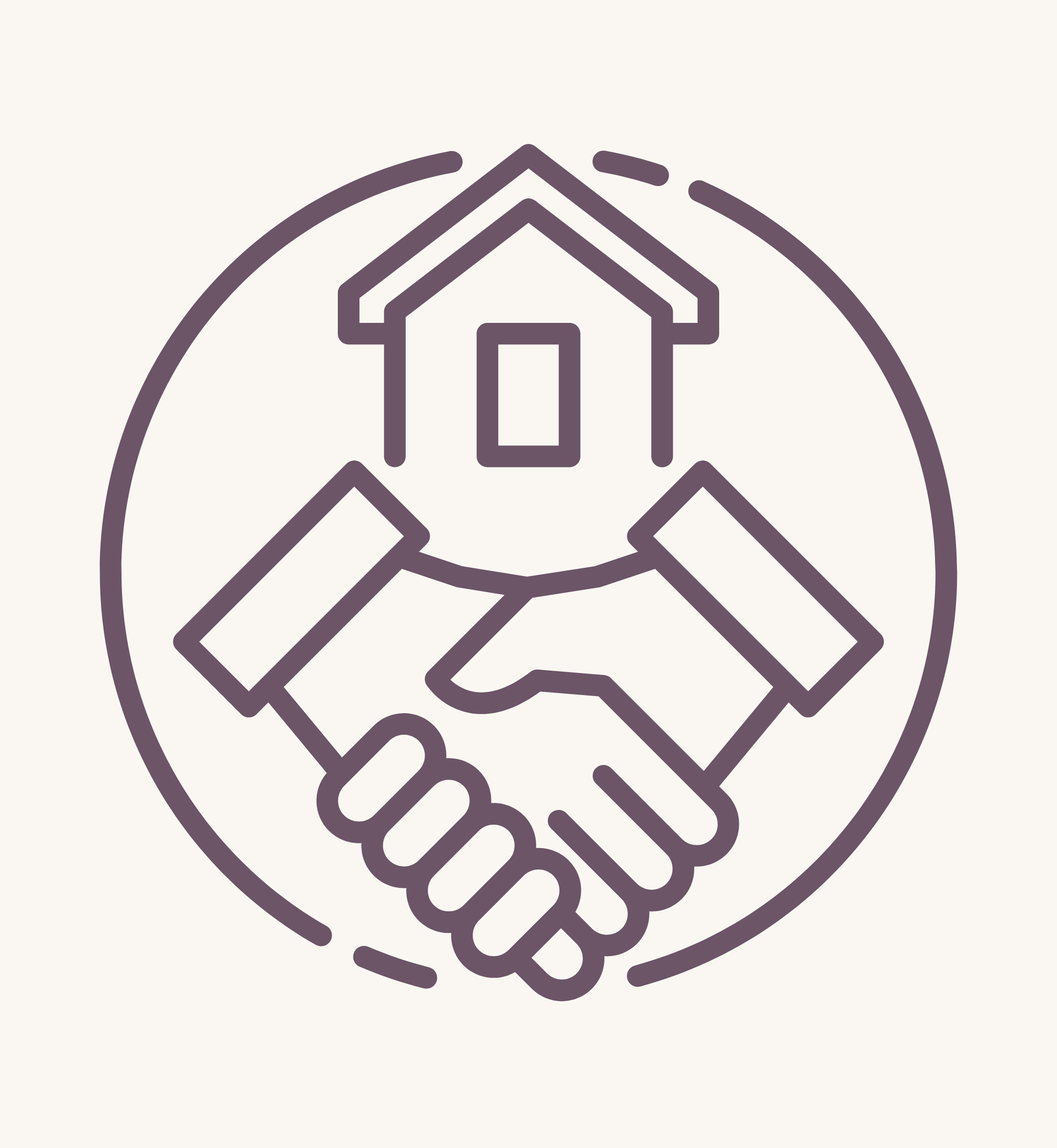 Line art illustration of two hands shaking with a house icon above them inside a circle, representing community partnership. Service icon for Amatista Toro Solutions community rate offering.
