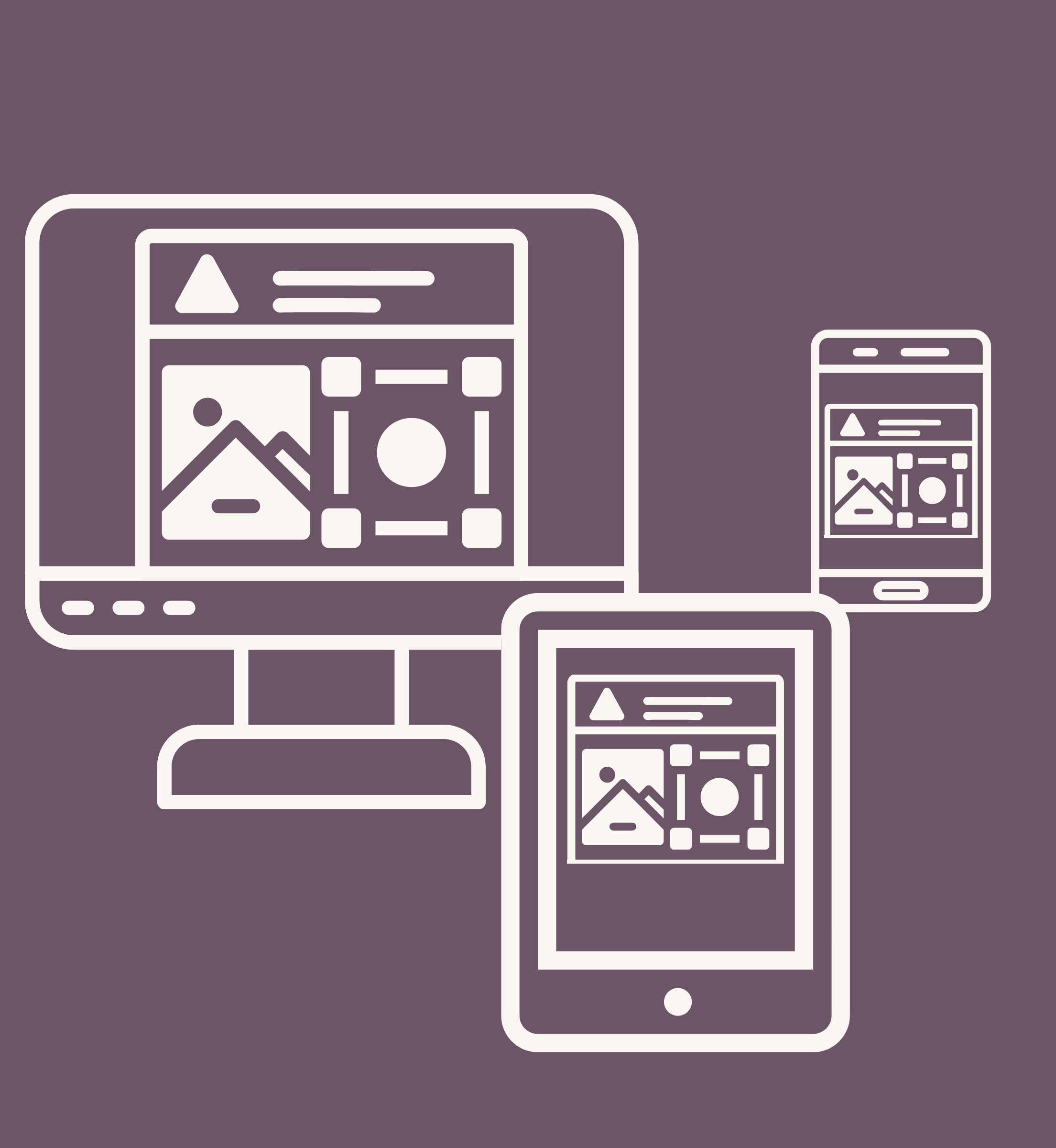 Line art illustration of a desktop monitor, tablet, and mobile phone showing responsive website design. Service icon for Amatista Toro Solutions website setup and consultation.