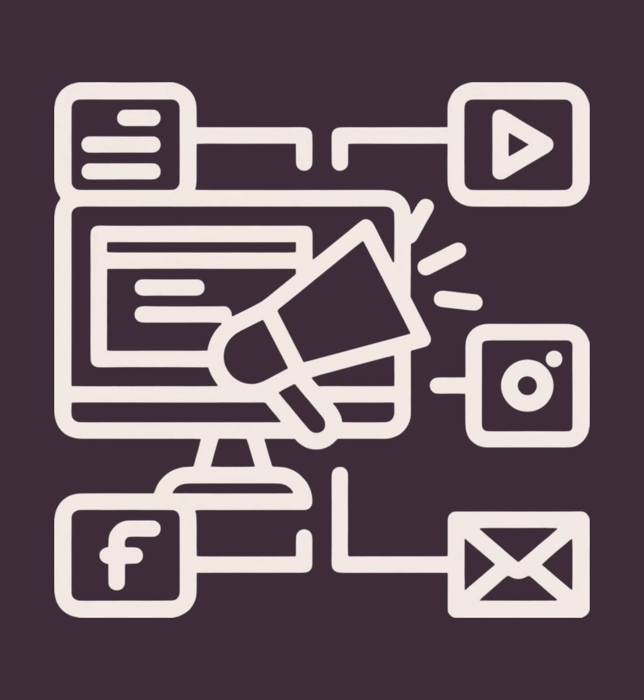 Line art illustration of a megaphone on a computer monitor connected to social media and email channels including Instagram, Facebook, and email. Service icon for Amatista Toro Solutions digital marketing execution and support.