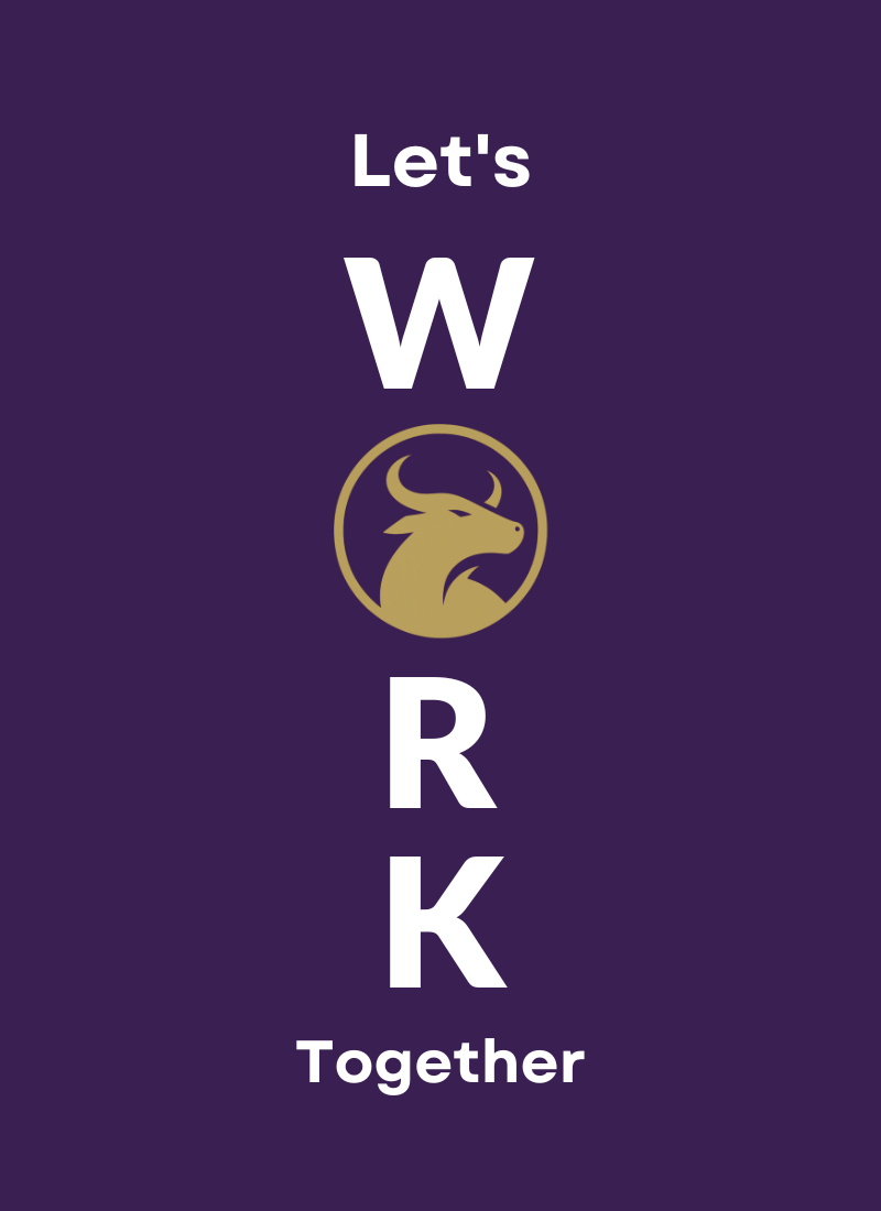 Amatista Toro Solutions branded graphic on a Nightshade purple background with white bold text reading Let's Work Together and the gold bull logo mark centered in place of the letter O.