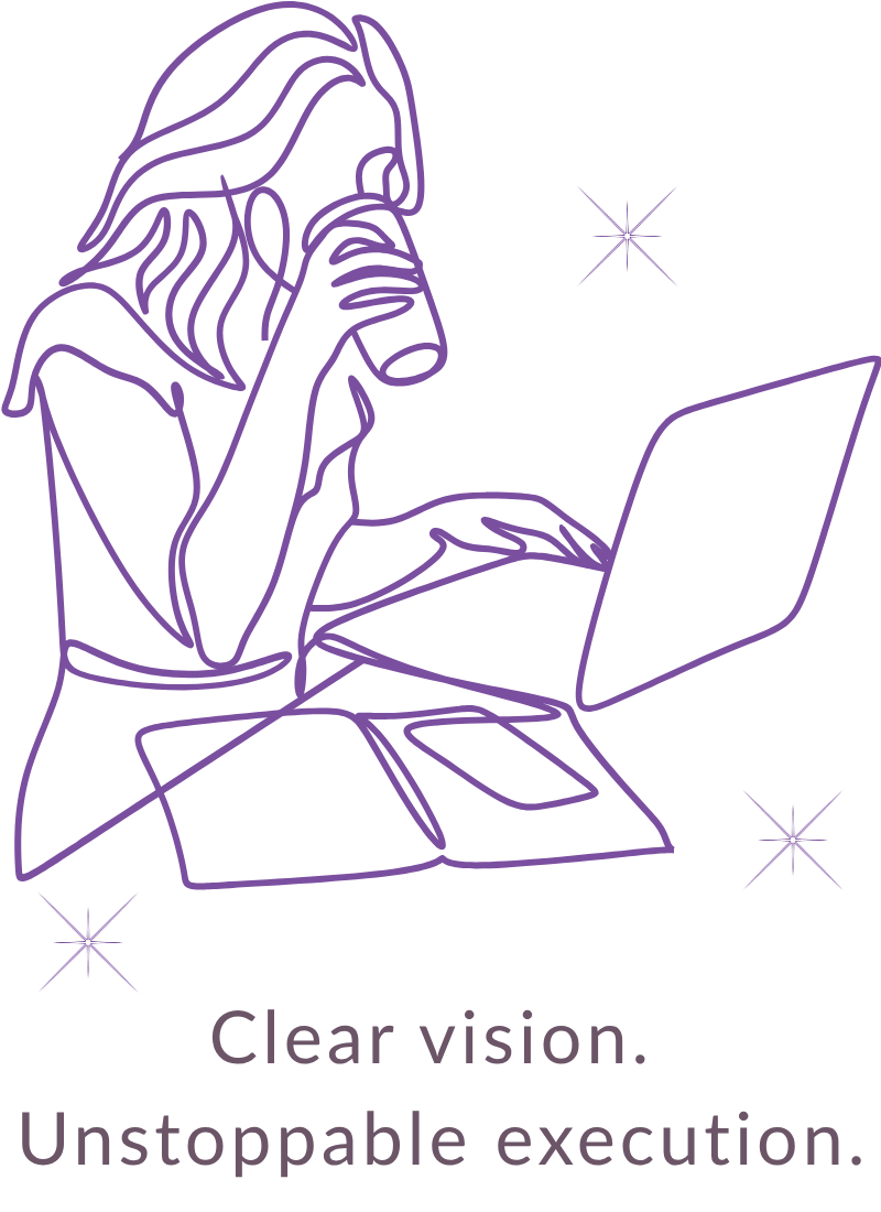 Purple line art illustration of a woman working on a laptop with a coffee cup, with the text Clear vision. Unstoppable execution. on a dark background.