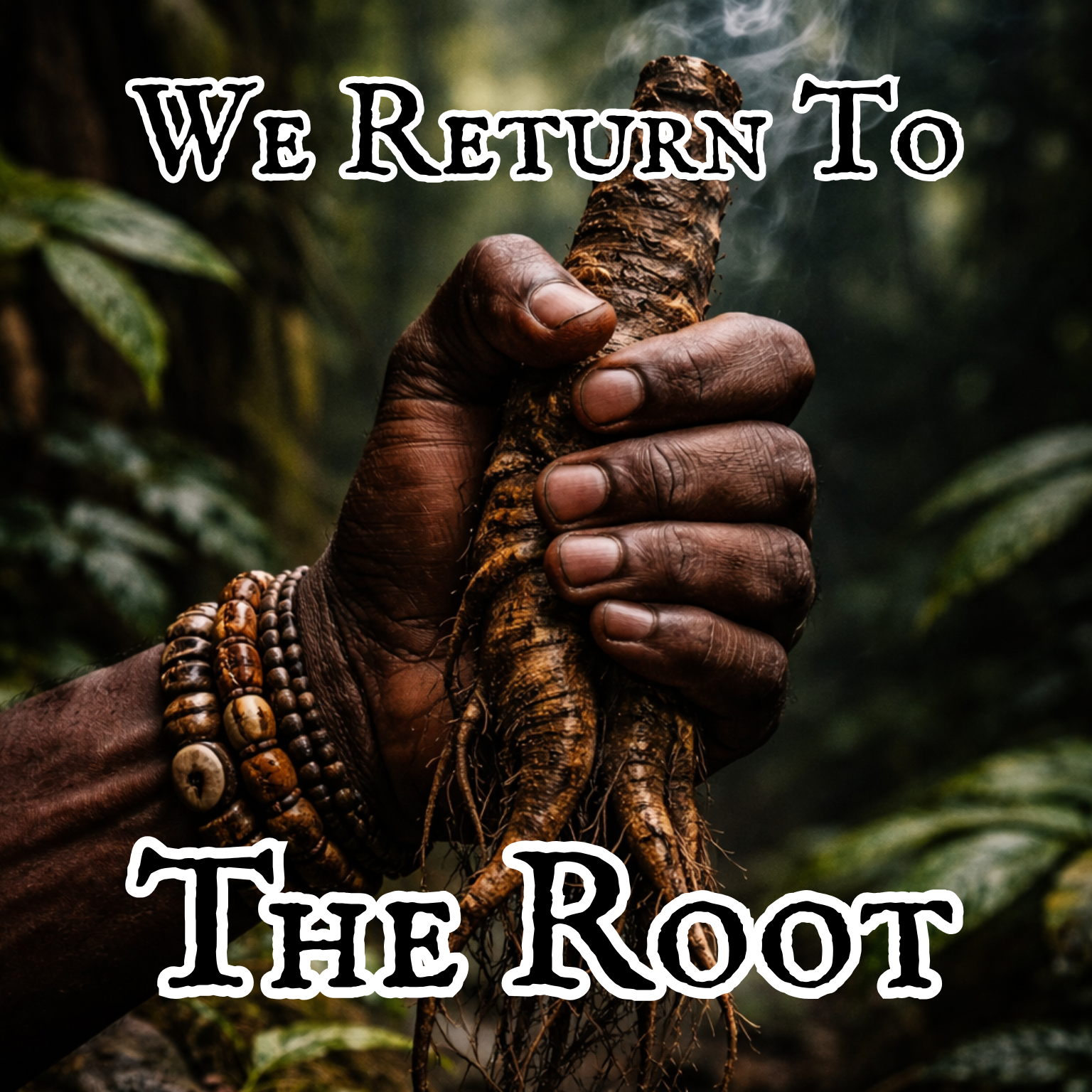 A person's hand holding a root, with a background of green leaves. Text overlay says 'We Return To the Root'.