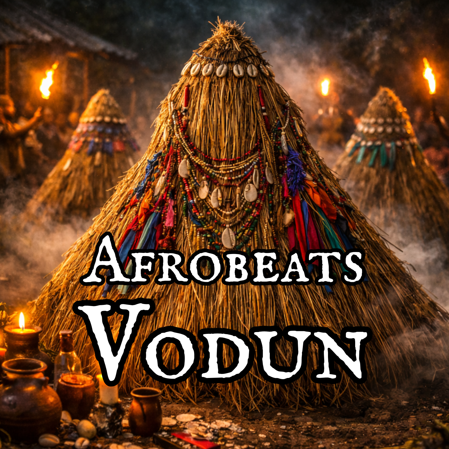 Traditional African tribal ceremony with beaded and shell-adorned costumes, large straw structures, and flaming torches in a smoky outdoor setting.