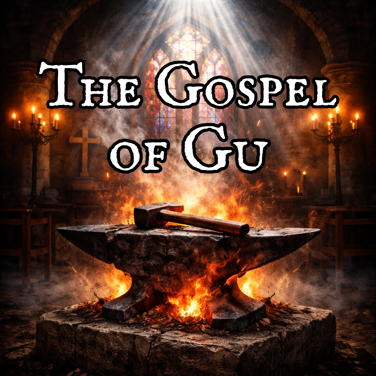 A burning anvil in a church with stained glass window, candles, and a cross, with the text "The Gospel of Gu" overlaid.