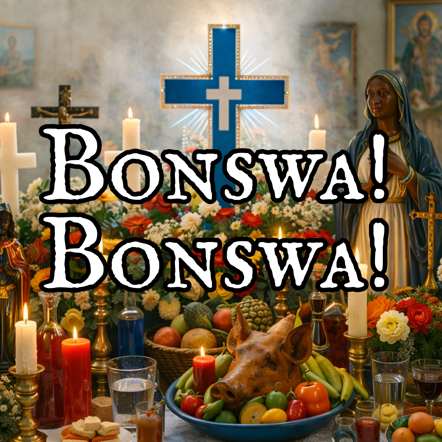 A religious altar decorated with candles, flowers, and images of saints, with a large blue cross at the center. The altar has various fruits and a pig's head in a bowl. The words "Bonswa! Bonswa!" are overlaid.