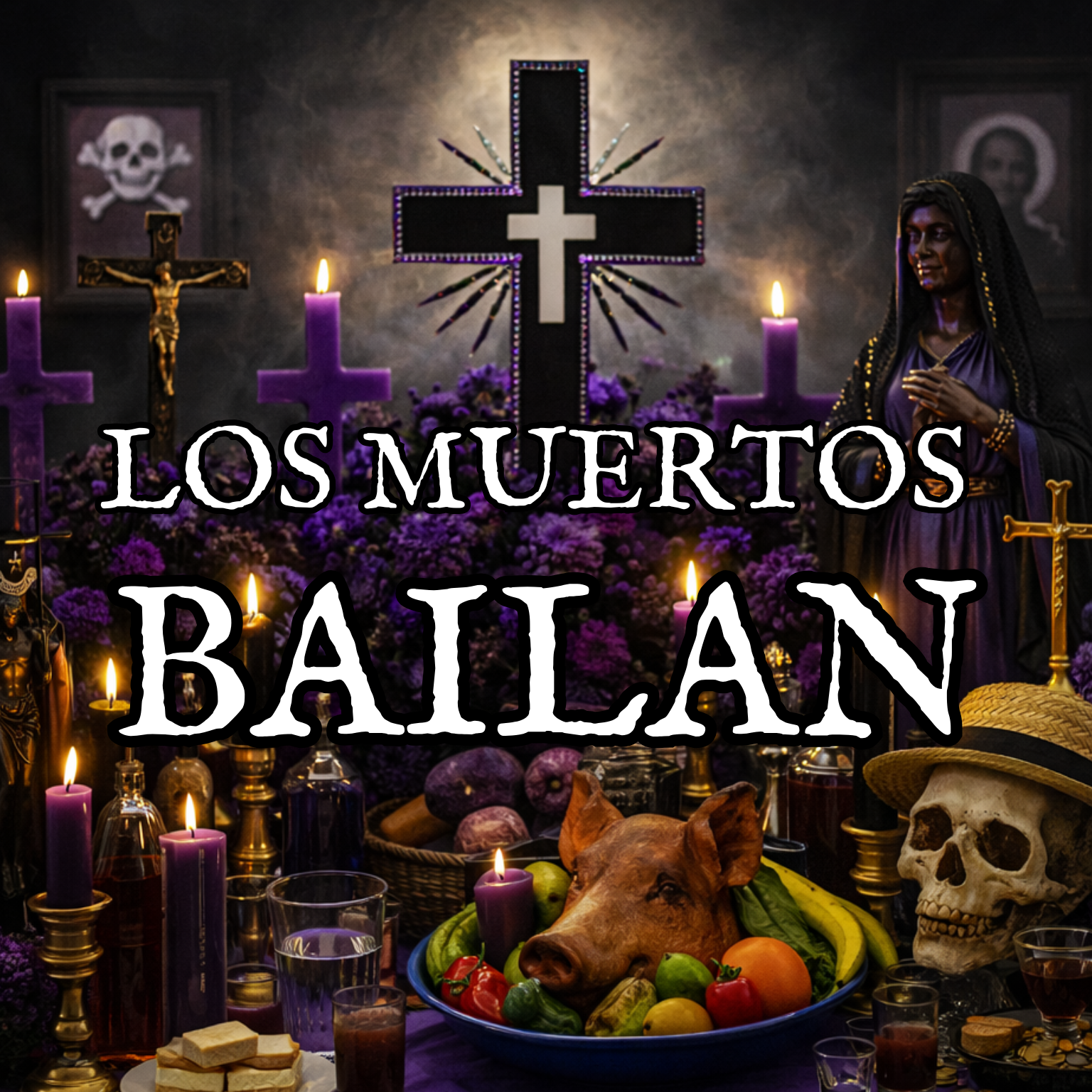 A Mexican Día de los Muertos altar with purple and black candles, religious imagery including crosses, a skull with a hat, a pig's head among fruits and vegetables, and a statue of a woman dressed in traditional attire, decorated with purple flowers and candles.