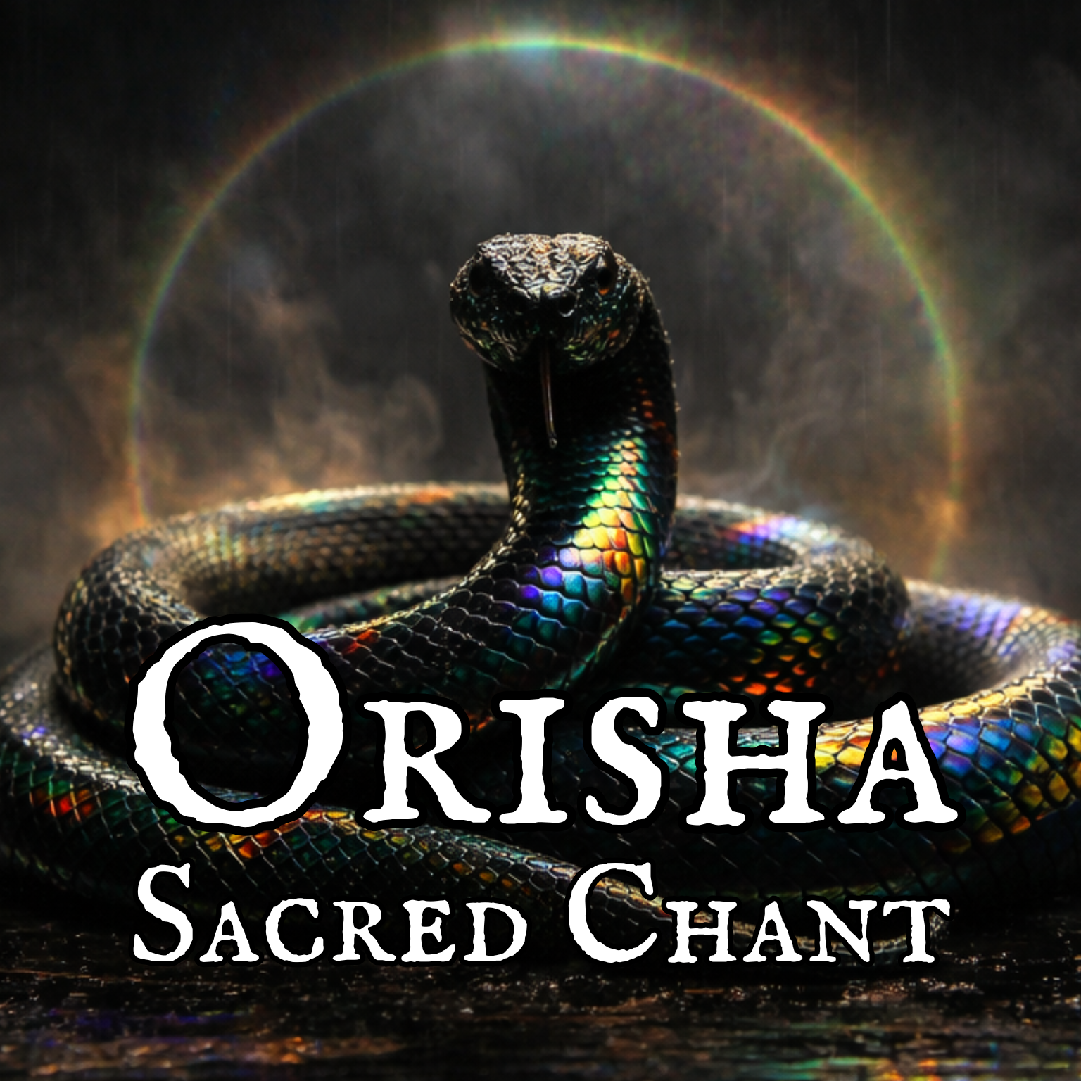 A black snake with iridescent rainbow-colored scales, set against a dark background with a rainbow in the distance. The text reads 'Oritsia Sacred Chant'.