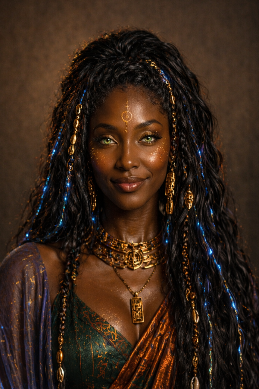Portrait of a woman with dark skin, green eyes, adorned with gold jewelry, with two braided extensions braided with blue beads and shells, wearing a patterned green dress and a colorful shawl, with gold and glitter makeup on her face and chest, against a dim background.