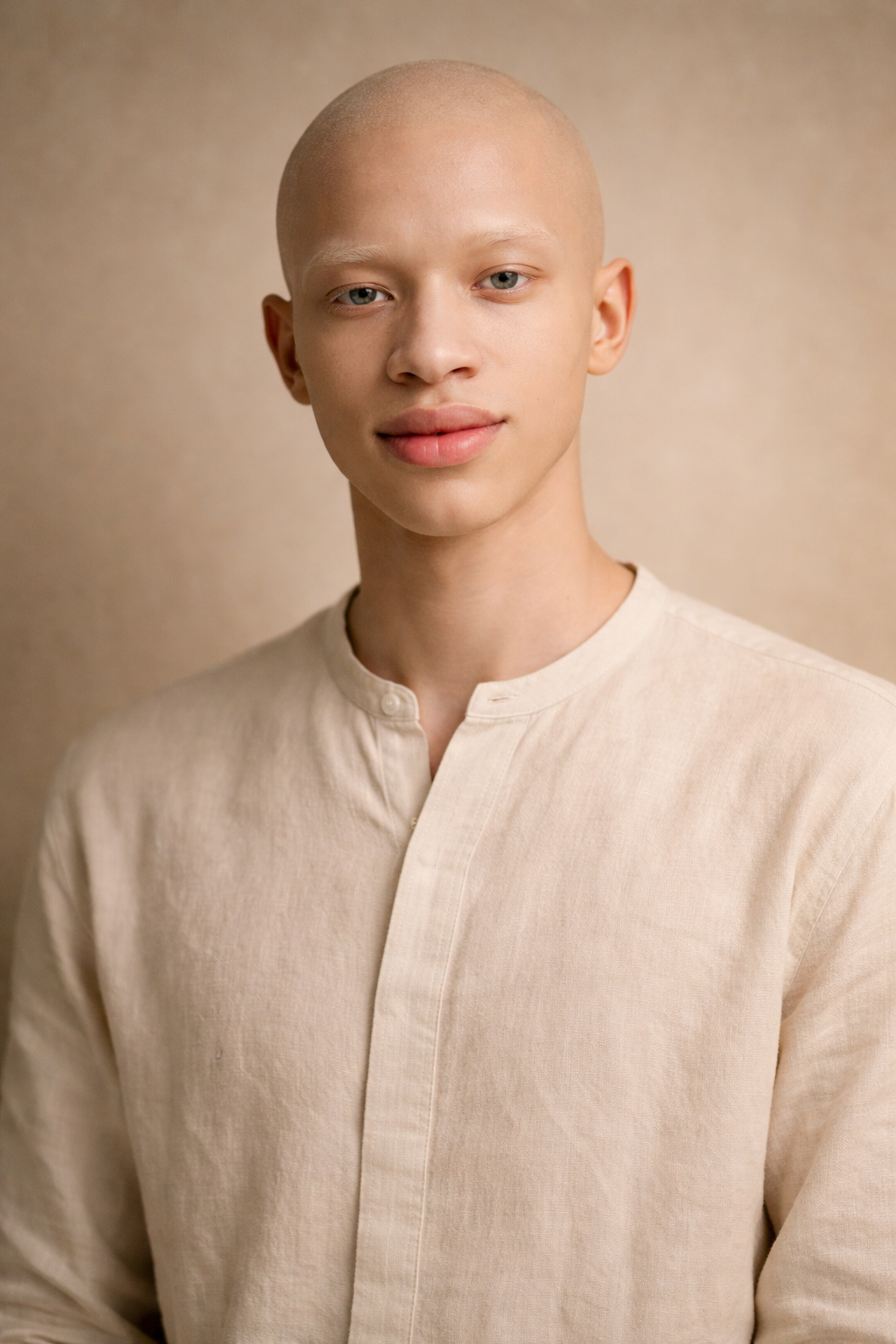 A young person with a shaved head, light skin, and wearing a beige shirt, looking slightly to the side with a neutral expression against a neutral background.