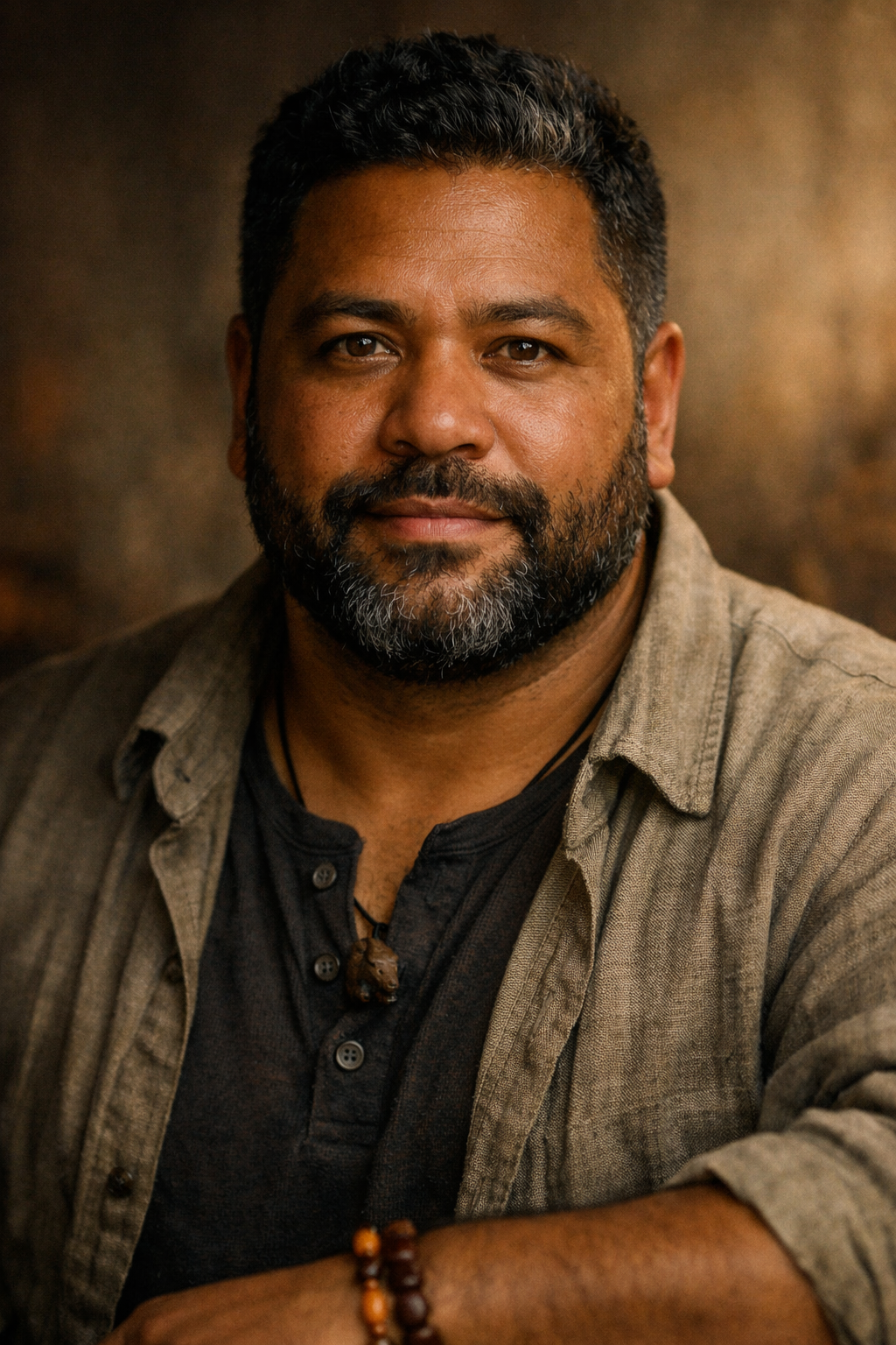 A middle-aged man with a beard and short curly hair, wearing a black shirt and a beige button-up shirt, with an outdoor background.