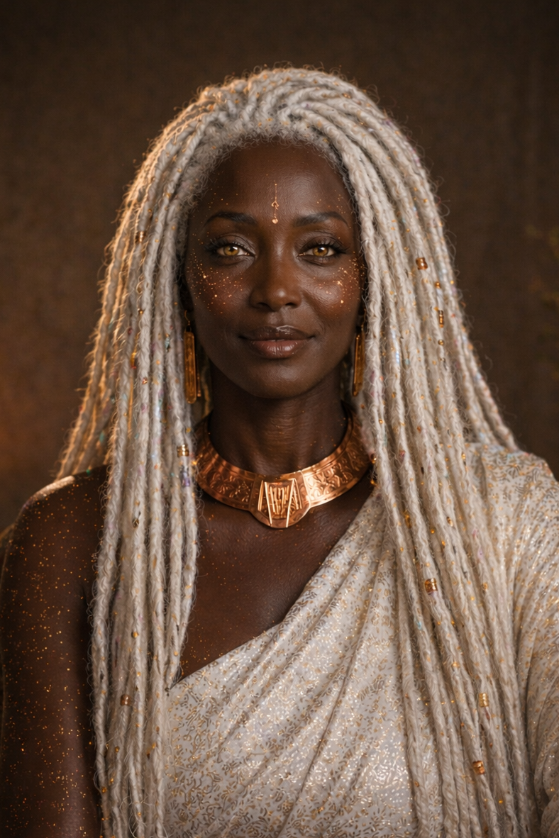 A woman with dark skin and long white dreadlocks adorned with gold beads, wearing gold jewelry including a choker and earrings, draped in a gold-patterned white fabric, with makeup featuring glitter and gold accents, looking confidently at the camera against a dark background.