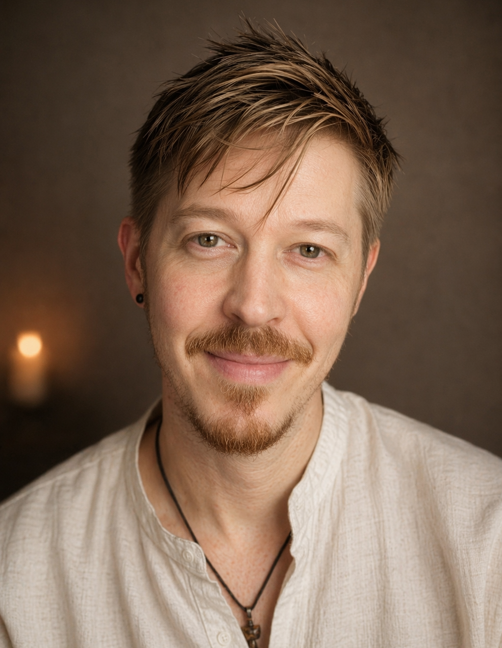 A smiling man with light brown hair styled back, a goatee, and a small earring in his left ear, wearing a beige shirt and a necklace with a pendant, standing against a brown background with a blurred candle visible.