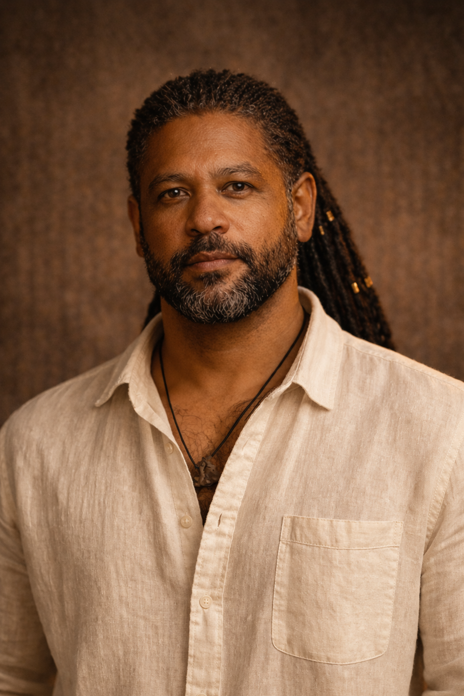 Portrait of a man with dreadlocks, beard, wearing a beige shirt and necklaces, standing against a brown textured background.