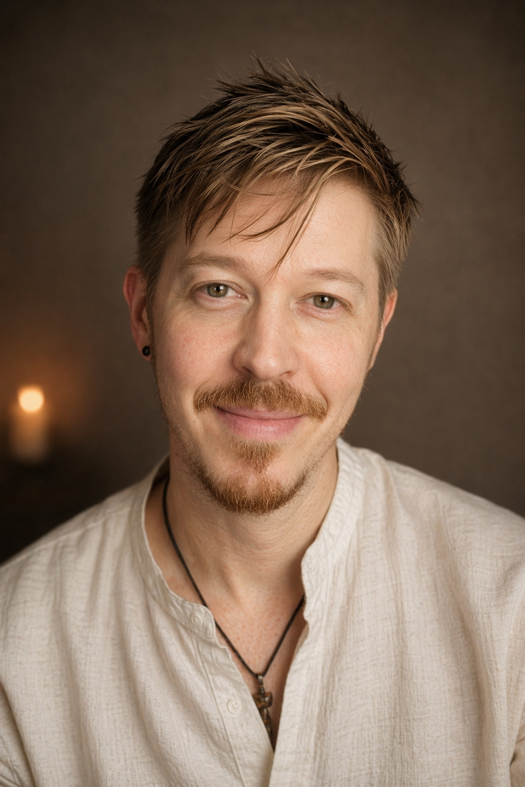 A man with light brown hair, a beard, and a mustache smiling at the camera, wearing a white shirt and a black necklace with a pendant, with a blurred candle in the background.