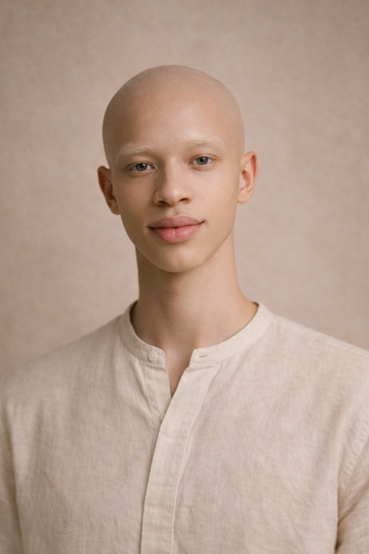 Portrait of a young person with a shaved head, wearing a light beige button-up shirt, against a neutral beige background.