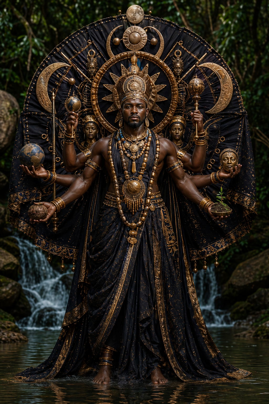 A man dressed in elaborate gold and black tribal attire with jewelry, surrounded by symbolic artifacts, standing in a river with a waterfall and dense forest in the background.