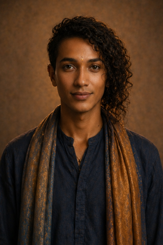 A person with dark, curly hair wearing a dark blue shirt and a patterned scarf in shades of orange and blue against a brown textured background.