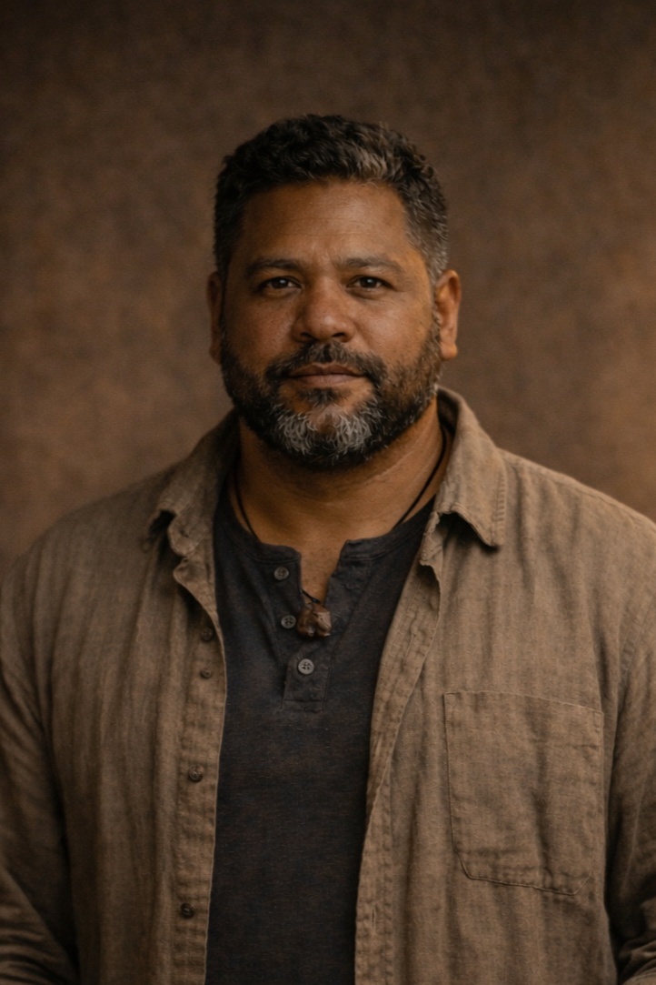 A middle-aged man with dark hair and a beard, wearing a brown jacket over a black shirt, looking at the camera with a neutral expression.