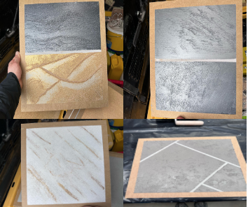Four samples of textured tile surfaces in gray, white, and beige colors.