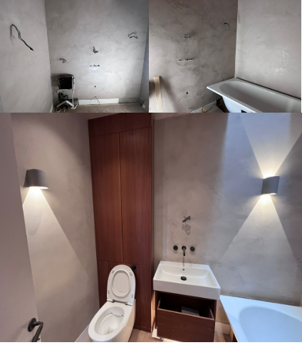 Collage of three photos showing bathroom renovations; the first two are unfinished walls and bathtub, the third shows a completed bathroom with toilet, sink, wooden cabinet, and wall-mounted lights.