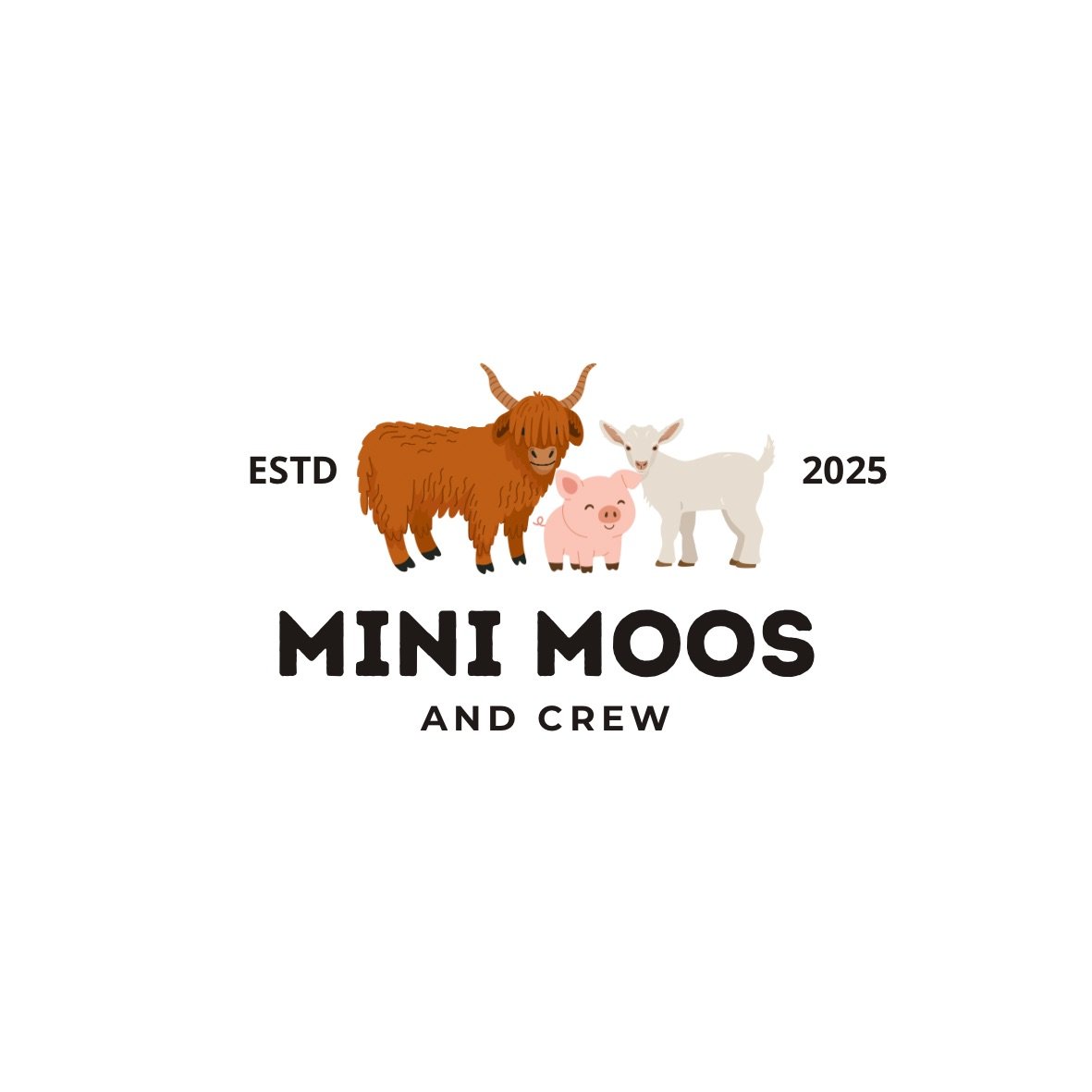 Logo featuring illustrations of a Highland cow, pig, and goat with text 'Mini Moos and Crew', established 2023, and '2025'.