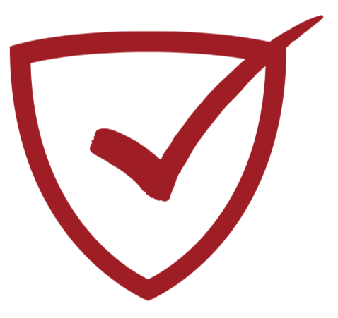 A shield outline with a checkmark inside it, in red color.