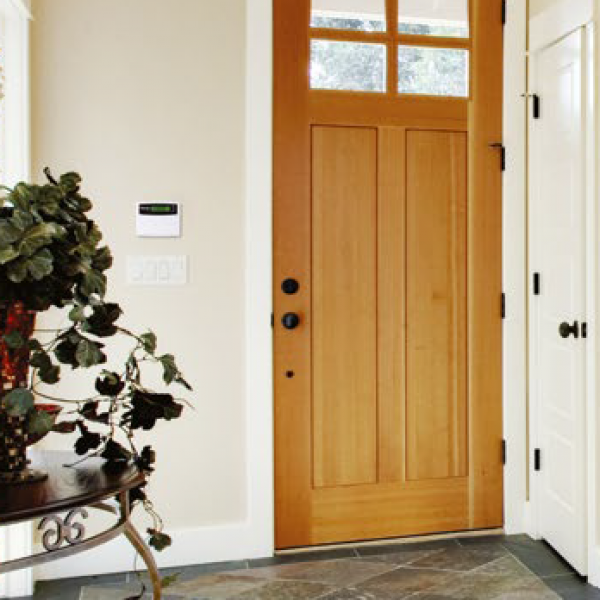 Wooden front door with a small window at the top, a black doorknob, and a lock, with a white wall on its side and a potted plant on a table nearby.