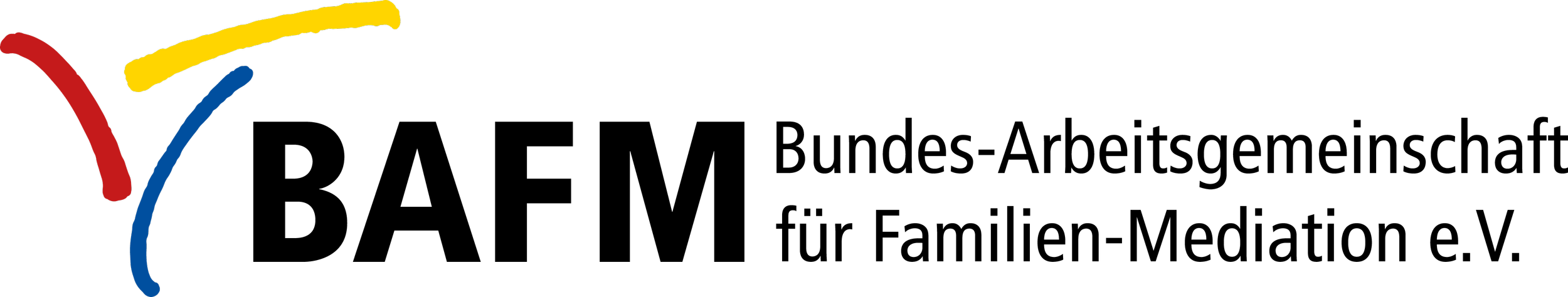Logo mit farbigen Linien in Rot, Blau, Gelb, mit dem Text 'Bundes-Arbeitsgemeinschaft für Familien-Mediation e.V.".'