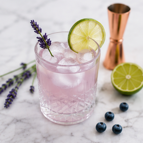 A pink cocktail with ice, garnished with a lime wheel and a sprig of lavender, on a marble surface with blueberries and a halved lime, and a copper cocktail shaker in the background.
