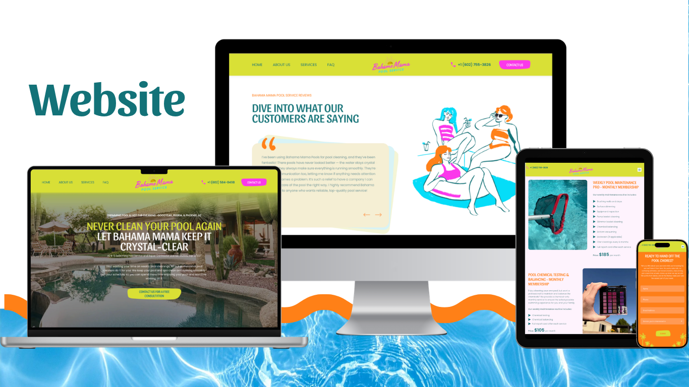 Multiple electronic devices displaying a pool service website, including a laptop, desktop monitor, tablet, and smartphone, with colorful pool-related images and text.
