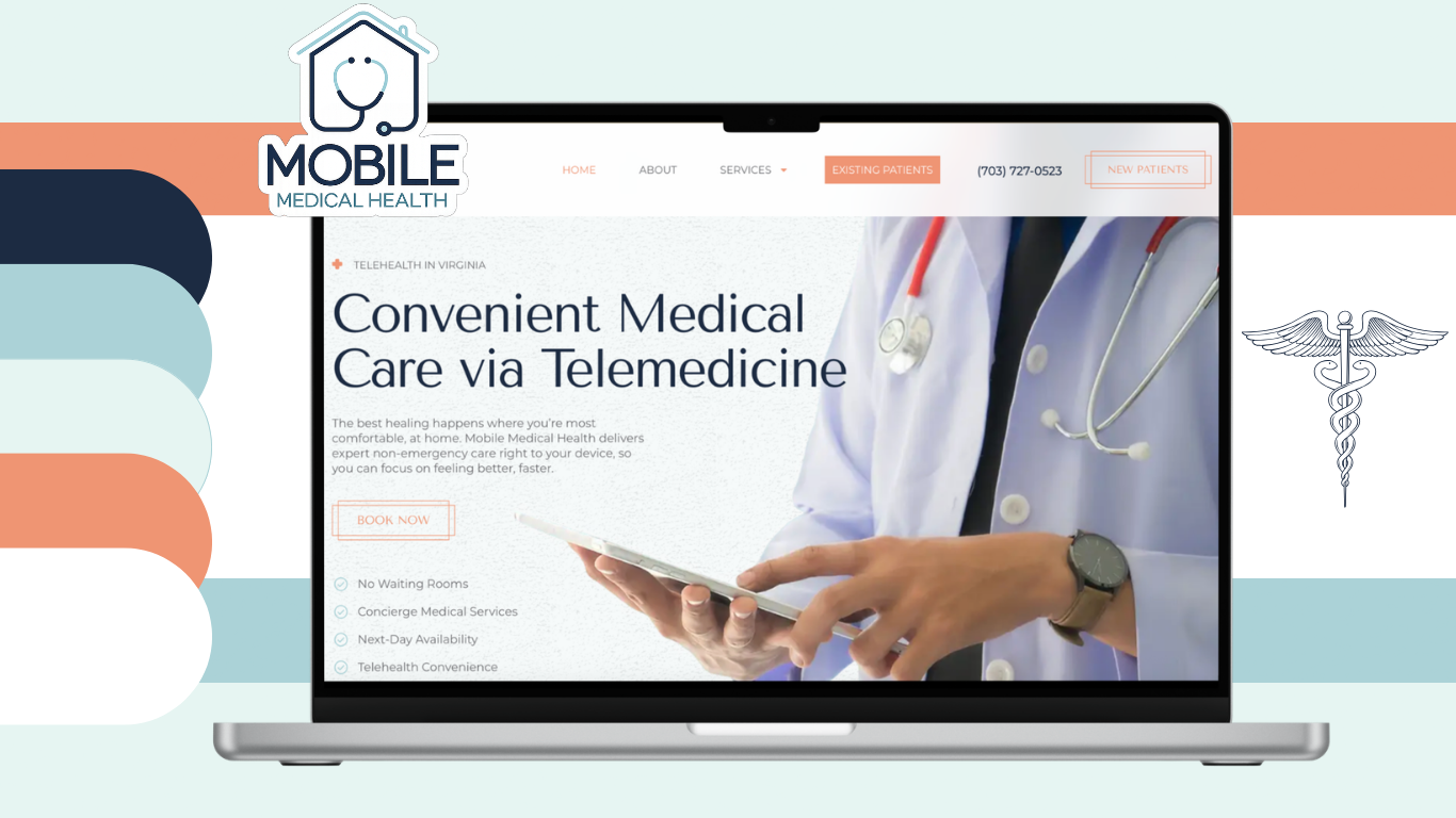 Laptop screen displaying a telemedicine medical website with text about convenient medical care via telemedicine, showing a medical professional holding a tablet. There are medical icons and a PDF caduceus symbol in the background.