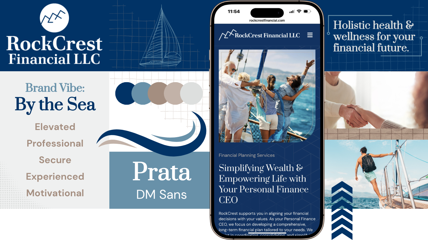 A collage advertising RockCrest Financial LLC with a blue nautical-themed design. It features a smartphone displaying their website, a family on a sailboat, a handshake, and a person sailing, emphasizing a sea-inspired brand vibe.