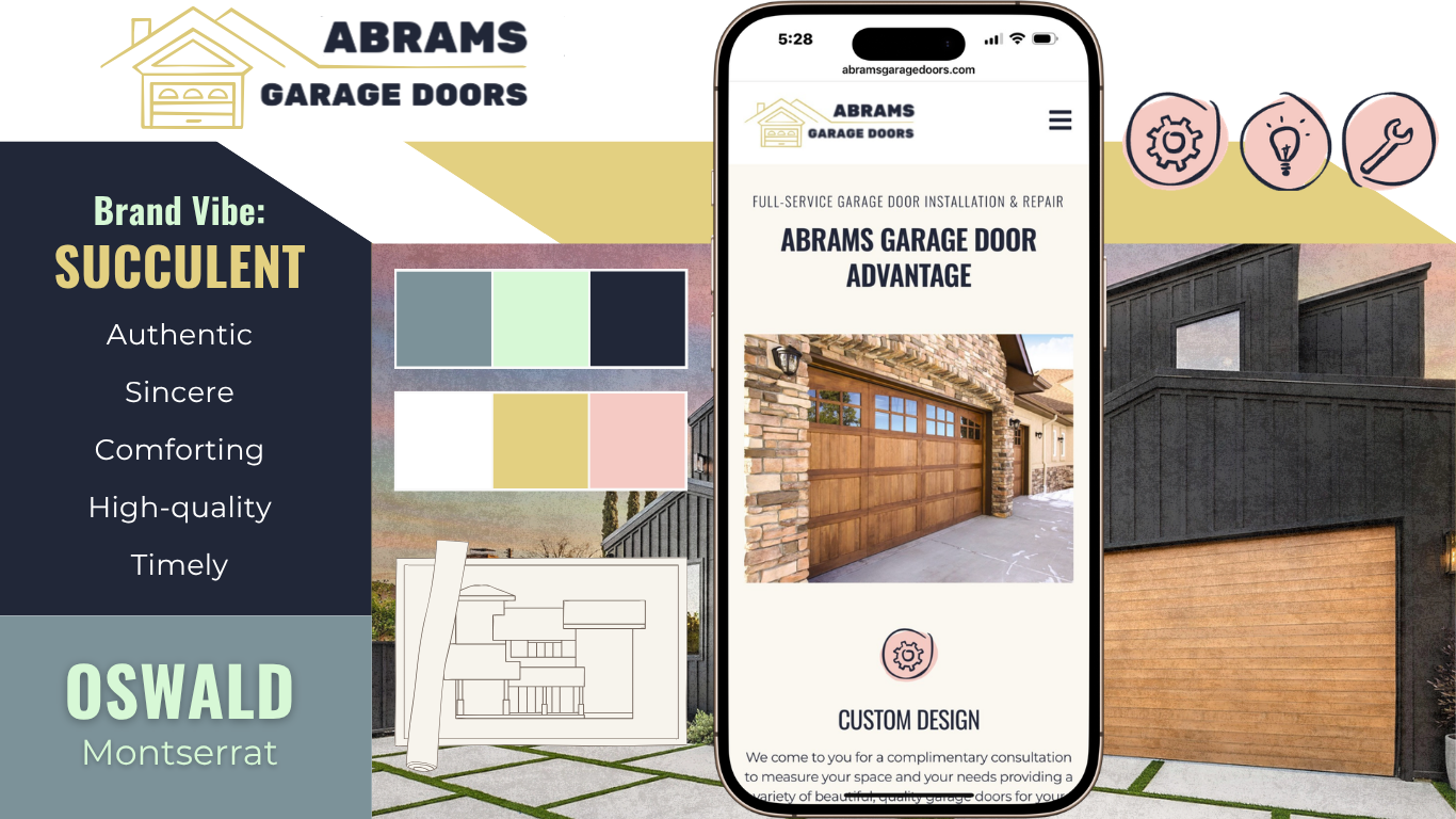 A promotional graphic for Abrams Garage Doors featuring an illustration of a garage door, color palette samples, and a smartphone displaying the company website. The design highlights brand vibe and style details, with some icons representing tools, 