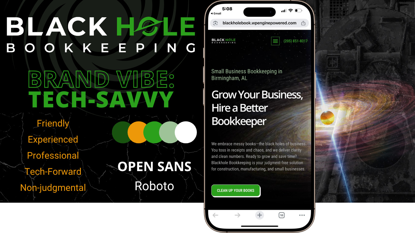 An advertisement for Black Hole Bookkeeping featuring a space-themed background with a galaxy and a black hole. The ad highlights brand traits such as being friendly, experienced, professional, tech-forward, and non-judgmental. It includes a color pa