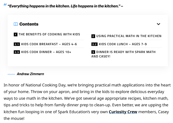 Page from a cookbook or article titled "Everything happens in the kitchen. Life happens in the kitchen," with a table of contents listing sections on cooking with kids, practical math in the kitchen, and dinner with Spark Math and Casey. The author is Andrew Zimmern, and the text discusses the benefits of involving kids in cooking and math activities during National Cooking Day.