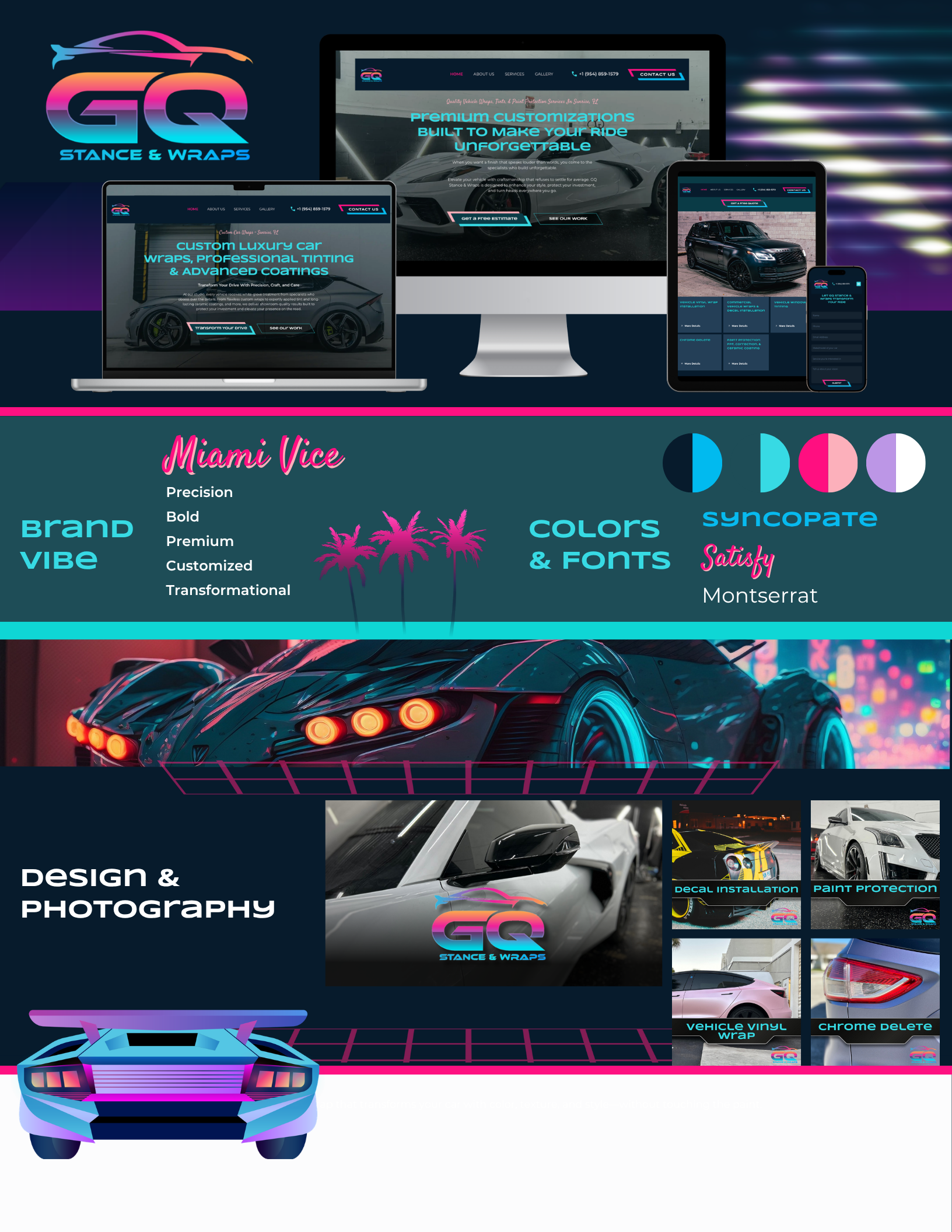 An infographic about GQ Stance & Wraps, showcasing their branding, services, and design concept. It features automotive images, a website displayed on multiple devices, color palettes, fonts, and visual styles emphasizing customization, luxury, and p
