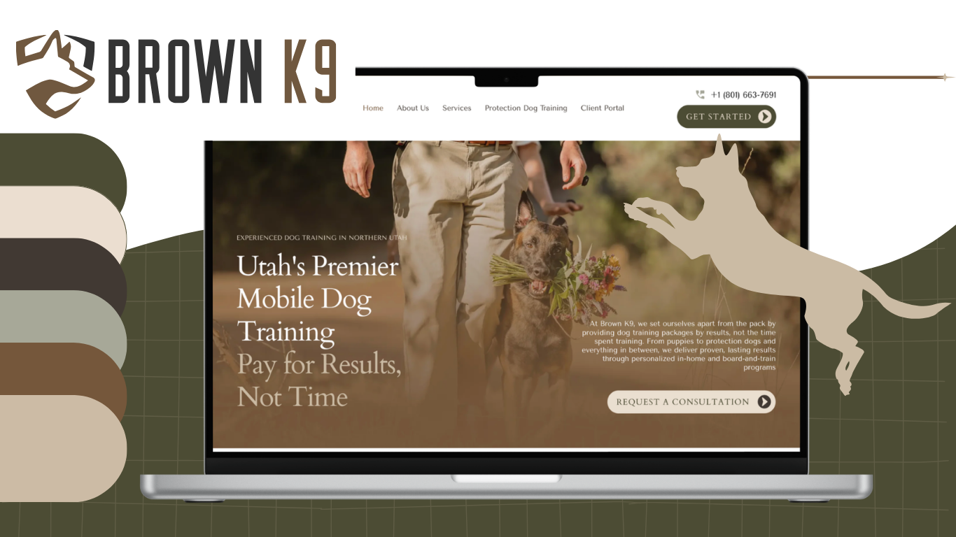 Website homepage for Brown K9, a dog training service in Utah, with a photo of a person and a dog holding a bouquet of flowers, and a graphic of a leaping dog.