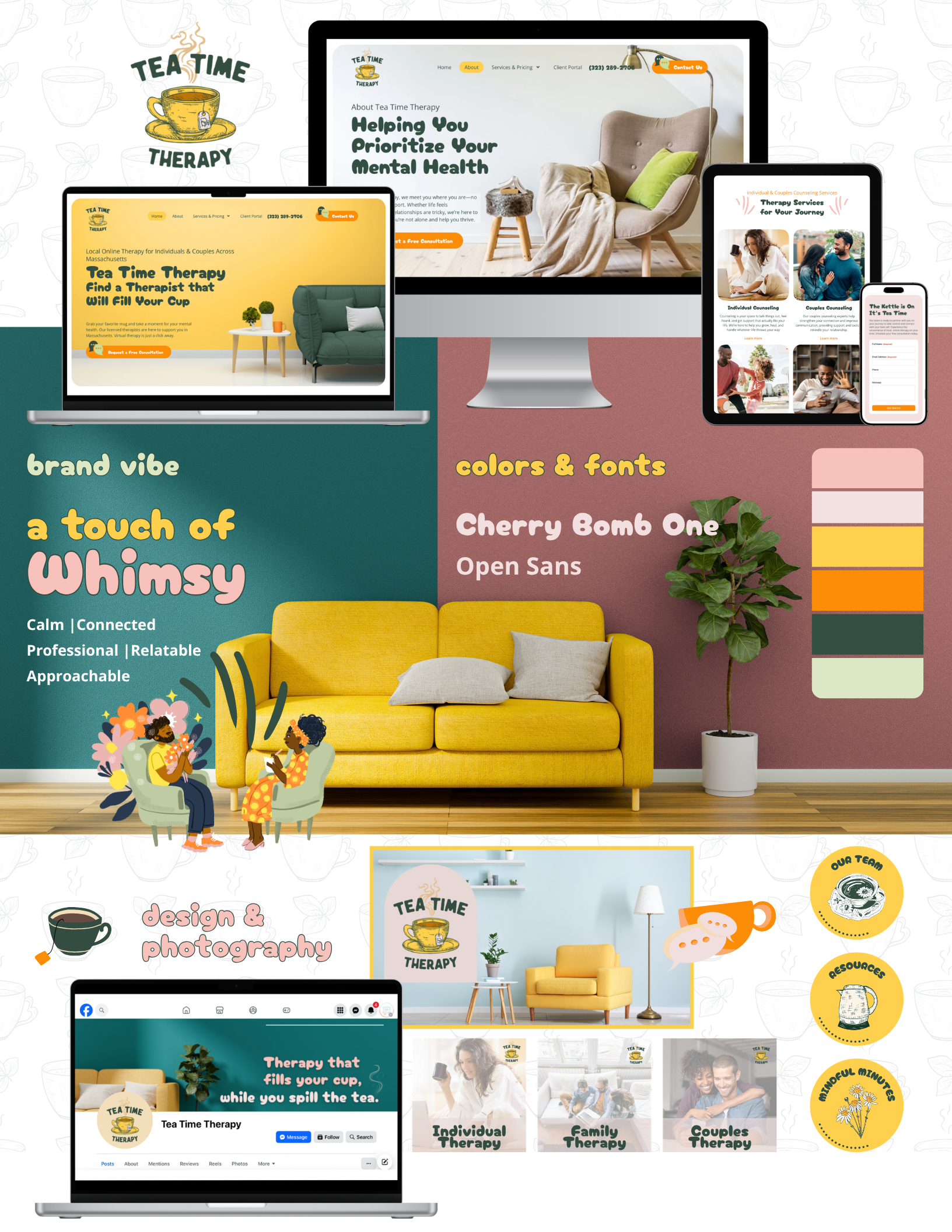 Design board highlighting branding, colors, and fonts for Tea Time Therapy. Features include website mockups on various devices, a yellow sofa, a potted plant, and illustrated graphics representing therapy services.