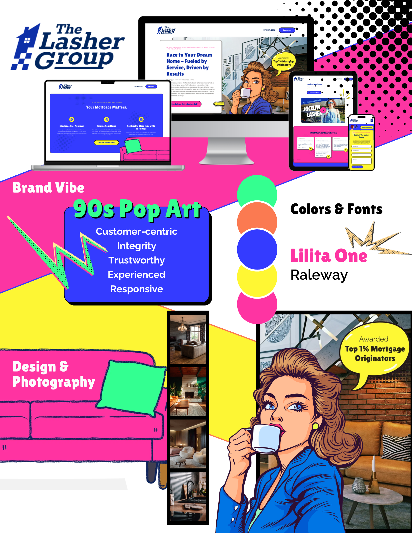 A colorful infographic with a pop art style displaying branding elements for The Lasher Group, featuring various digital devices, vibrant colors, and text about brand vibe, colors, fonts, and design styles with illustrations of women enjoying coffee.
