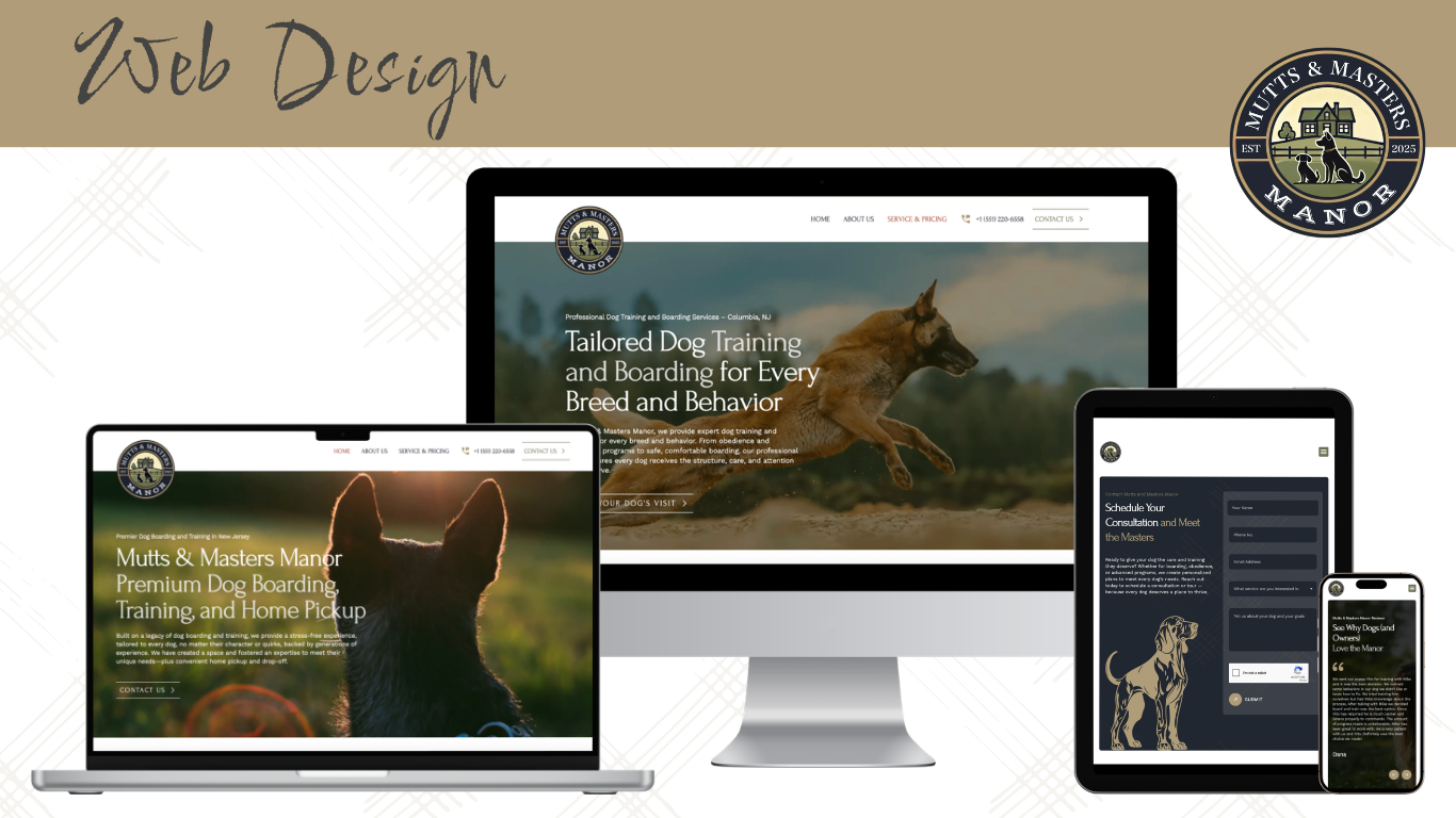 Multiple electronic devices displaying a website for Mutts & Masters Manor, a dog training and boarding service, featuring images of dogs and various service options.
