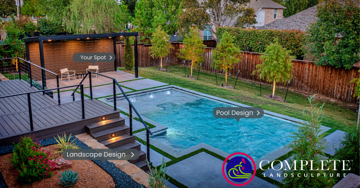 A backyard with a modern swimming pool, a wooden deck with stairs, a shaded seating area labeled 'Your Spot', and a landscaped garden with bushes and small trees, surrounded by a wooden fence.
