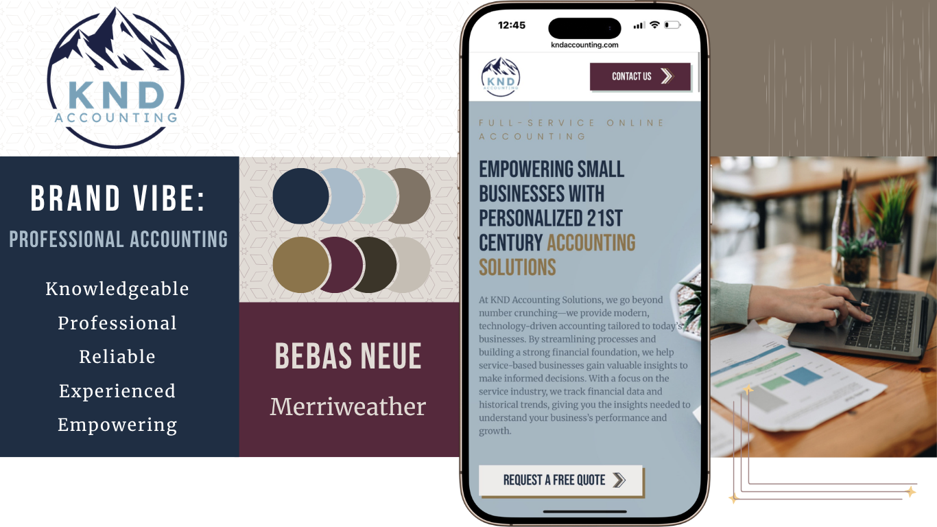 An advertisement for KND Accounting, featuring the company logo of a mountain peak with the company name. It states the brand vibe as professional, knowledgeable, reliable, experienced, and empowering. The image includes a color palette with six colo