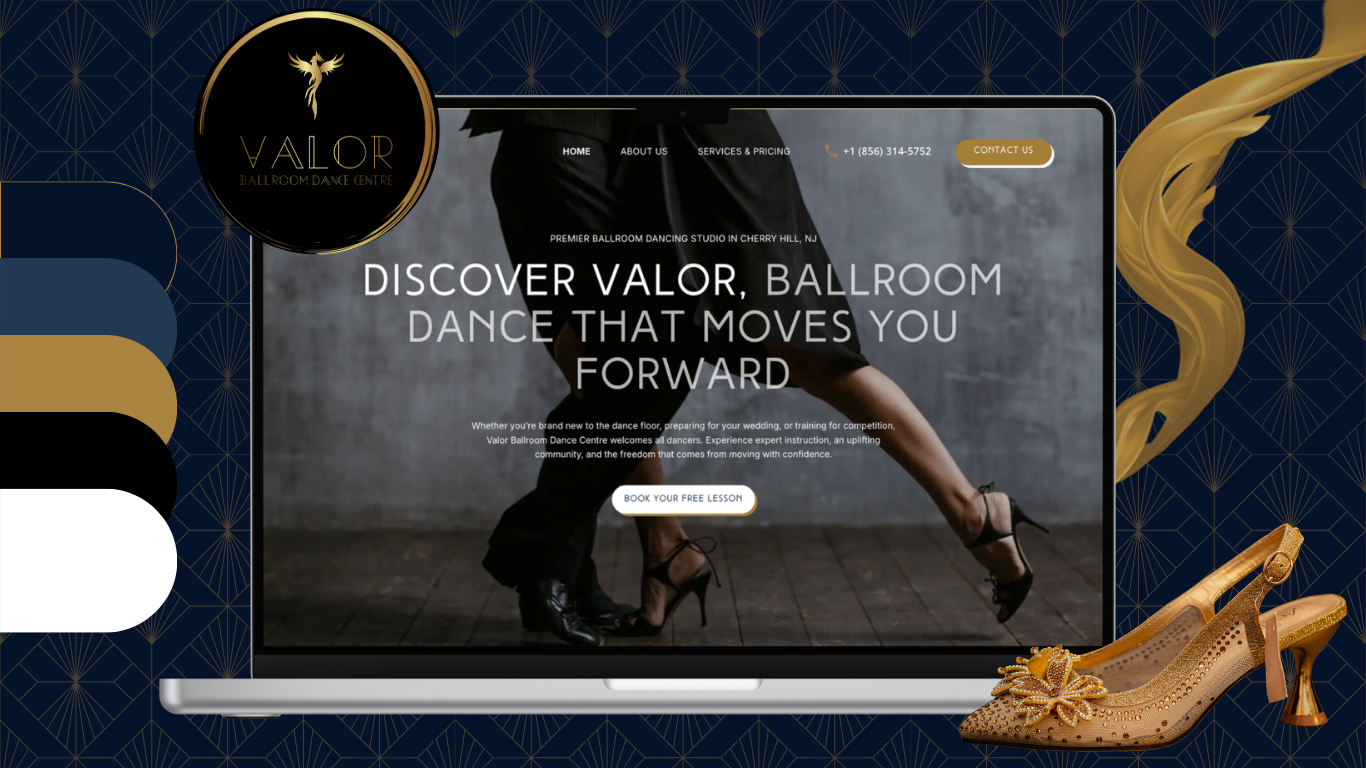 A laptop displaying a dance studio website with a background of dark blue with gold patterns, a pair of gold high heels with decorative bows in front of the laptop, and the website features a dancer's legs in motion. The website header shows the logo