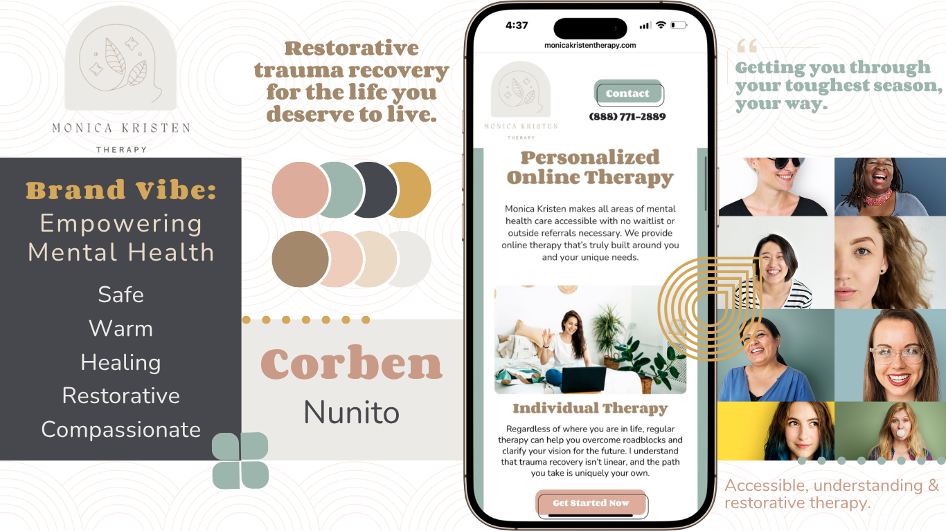 A promotional graphic for Monica Kristen therapy offering online, personalized trauma recovery therapy. It features a smartphone displaying therapy services, with images of diverse smiling women, color swatches, and text emphasizing empowered mental 