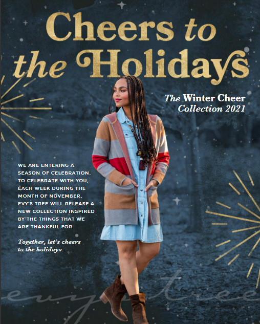 A woman with long braided hair standing outdoors during winter, wearing a colorful striped cardigan over a light blue dress, with a dark blue festive background and gold decorative elements, celebrating holiday season.