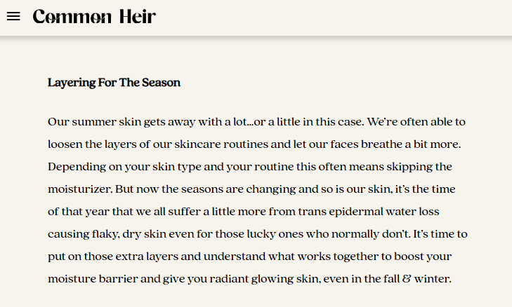 Screenshot of a skincare article titled 'Layering For The Season' from Common Heir, discussing adjusting skincare routines for different seasons to maintain healthy, glowing skin.
