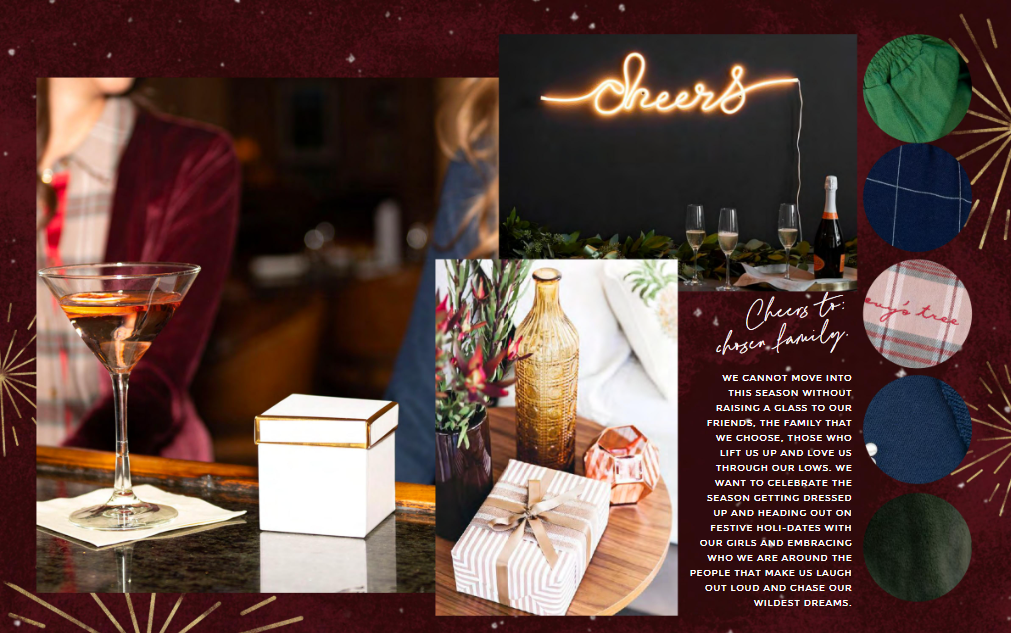 Collage of holiday celebration images including a glass of wine, a neon 'cheers' sign, a wrapped gift, a flower arrangement, and festive decorations on a red background.