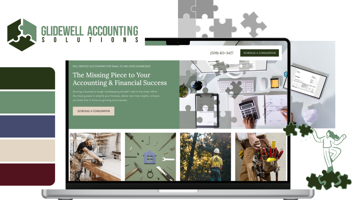 A laptop displaying a website for Glidewell Accounting Solutions, featuring a green color scheme, a puzzle piece logo, and images related to bookkeeping, construction, tools, and outdoor work, with puzzle piece graphics around the image.