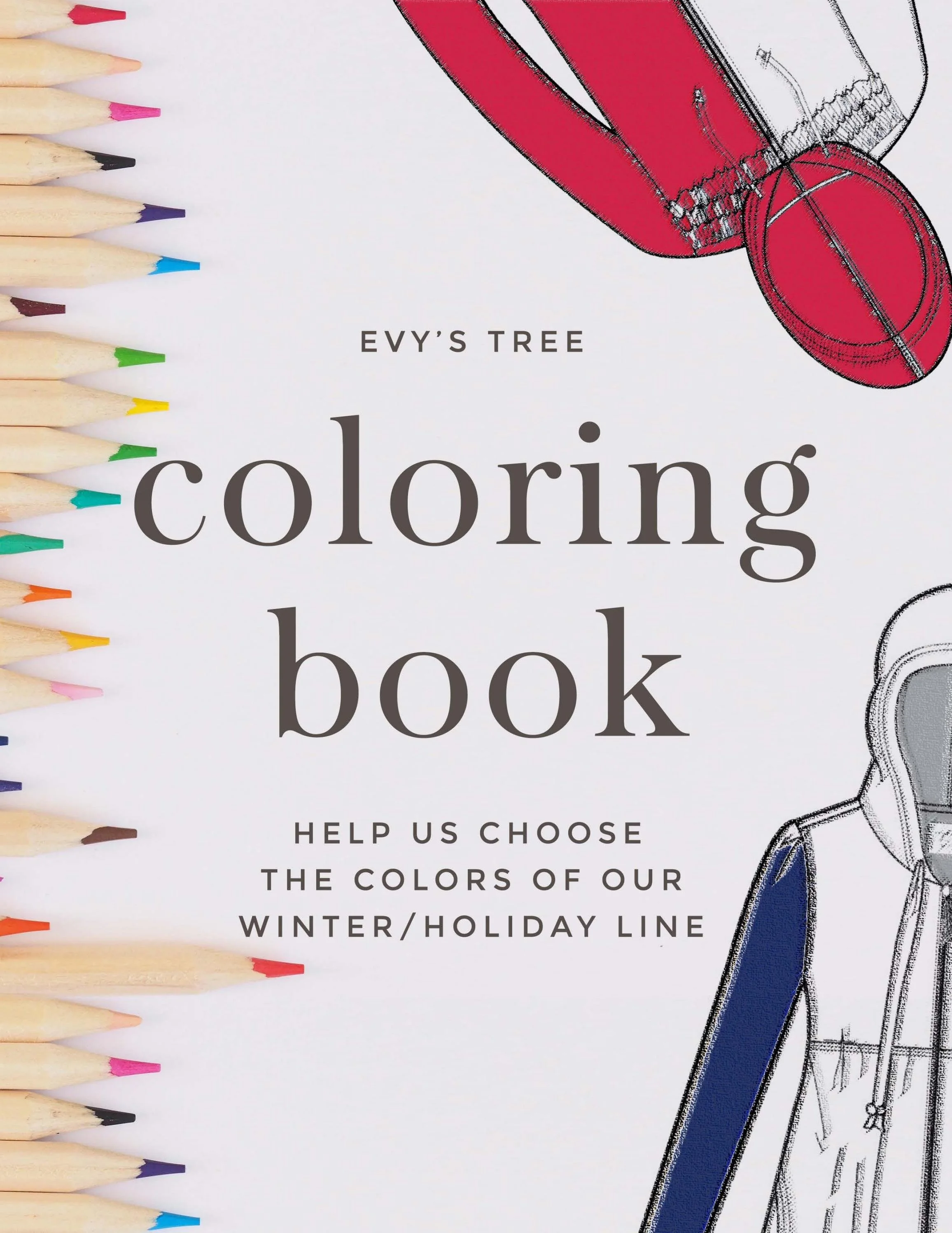 Cover of a coloring book titled "Evys Tree Coloring Book" with illustrations of a red water bottle and a person in winter gear, and colored pencils along the left side.