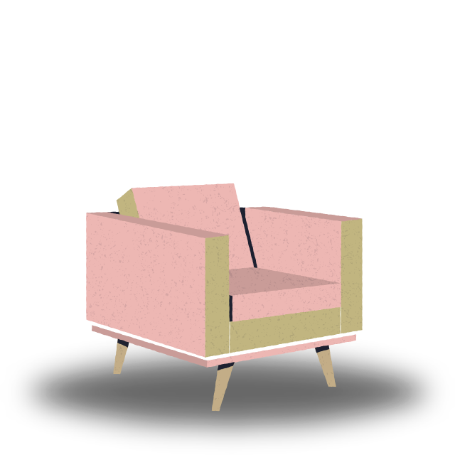 Pink and green armchair with wooden legs on a black background.